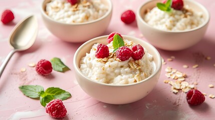 Close up taken of rice pudding in stylish bowls on pink surface with spoon and