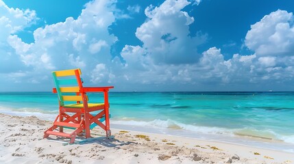 Colorful lifeguard chair on the beach empty sand seashore