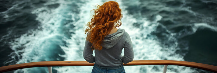 Woman with Long Red Hair Standing on Boat Deck Overlooking Ocean Waves