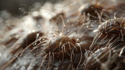 A Close-Up View of a Brown, Hairy Surface with Delicate, Shimmering Threads