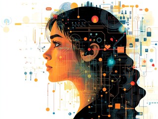 Profile silhouette of a woman with circuitry background.