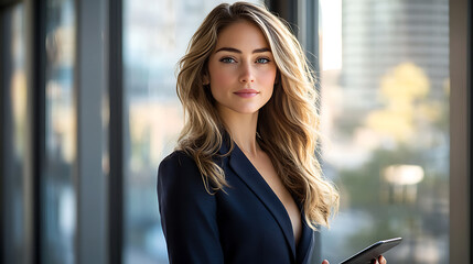 A woman in a business suit is holding a tablet