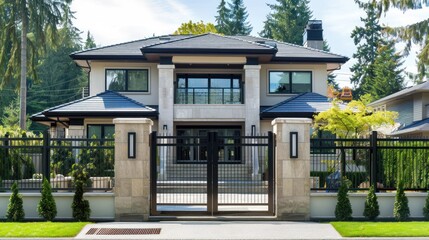 Poster - Modern House with Black Iron Gate and Stone Pillars