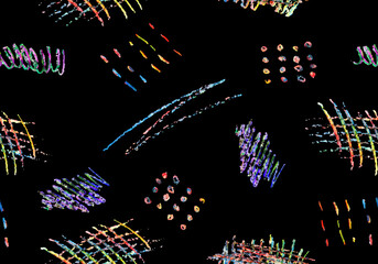 Wall Mural - seamless pattern of colorful naive playful shapes drawing by wax crayon pencil on black background. 