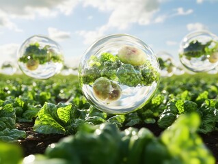 Wall Mural - A vibrant field of lettuce with floating bubbles, reflecting nature, highlighting freshness and sustainability under a bright blue sky.