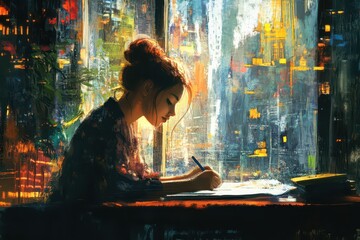 Abstract painting of a woman writing by a window at night, illuminated by city lights. Vibrant colors and artistic brush strokes.