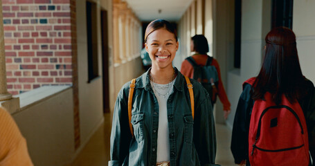 Wall Mural - Happy, corridor and portrait of student at school with backpack for learning, studying or knowledge. Smile, teenager and girl from Mexico in hallway of academy for education class with scholarship.