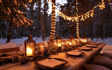 A beautifully set Christmas dinner table outdoors in a snowy forest, decorated with lanterns, pinecones, and festive garlands, under the soft glow of string lights 