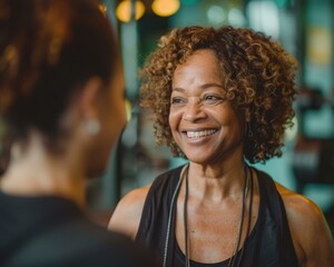 Wall Mural - A woman smiles warmly while talking to someone off-camera. AI.