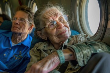 Wall Mural - Two women in an airplane, looking out the window. AI.