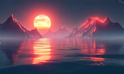 Wall Mural - A surreal landscape featuring a glowing sun over reflective water.