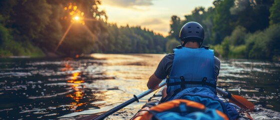 Poster - A man in a kayak paddling down the river at sunset. AI.