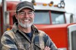 © At My Hat - Smiling truck driver standing in front of a semi-trailer truck. This image can be used to represent transportation, logistics, and hard work.