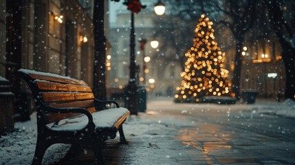 City Christmas tree covered in snow with gentle snowfall and snow-covered bench on Xmas Eve