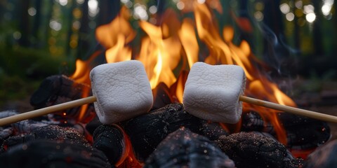 Canvas Print - Two marshmallows on sticks being roasted over a campfire. AI.