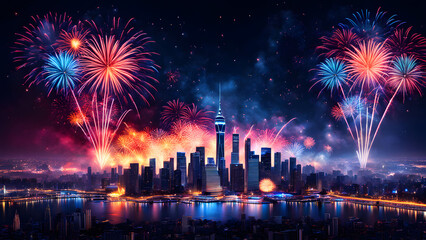 Fireworks in the city image wallpaper. New year's eve celebration, abstract fire background, holiday festive season party event landscape. Colourful star display illuminate night sky. 3d modern design