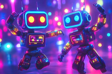 Two Neon Robots Dancing in a Club with Bokeh Lights