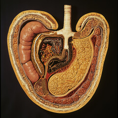 A cross-section of the stomach, showing the layers of muscle and the production of gastric acid.