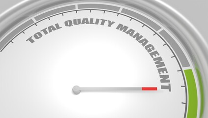 TQM Total Quality Management - describes a management approach to long-term success through customer satisfaction. Instrument scale with arrow. Colorful infographic gauge element. 3D render