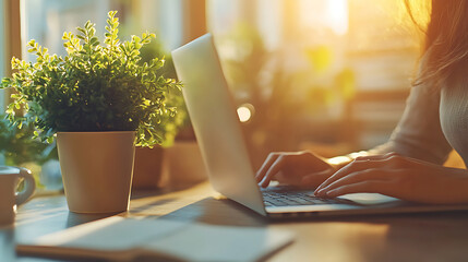 Wall Mural - a woman is typing on a laptop in front of a potted plant