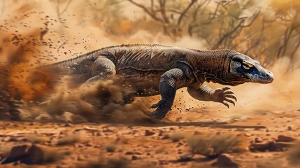 Wall Mural - Komodo Dragon Running Through Dust and Dry Brush