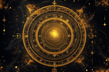 Golden zodiac wheel intricate celestial design 