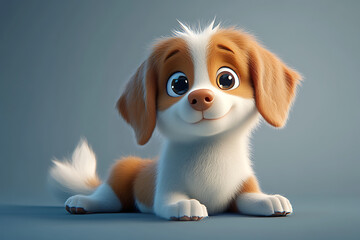 A cute, animated puppy with big eyes and a friendly expression, lying down playfully.