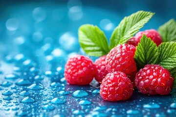 Wall Mural - Fresh raspberries with dew on vibrant blue surface