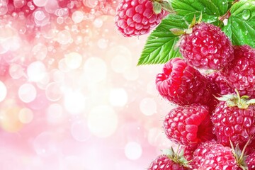 Wall Mural - Fresh raspberries with leaves on sparkling pink background