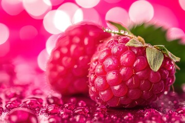 Wall Mural - Fresh raspberry on vibrant pink background with water droplets