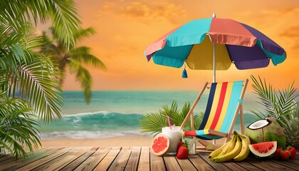 Colorful beach scene with umbrella, fruits, and lounge chair, celebrating a happy summer day