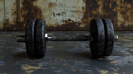 A rusty dumbbell lies on a worn concrete floor, with a weathered metal wall behind it.