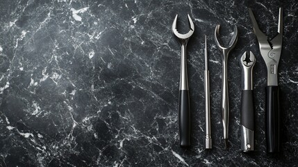 Four silver tools with black handles are placed against a dark marble background.