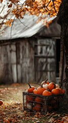 An empty scene featuring pumpkins stacked in a vintage metal basket beside a weathered barn, creating an ideal product mockup space, 