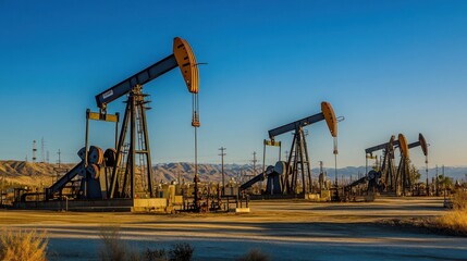 Vast Oil Fields with Pump Jacks Under Clear Sky