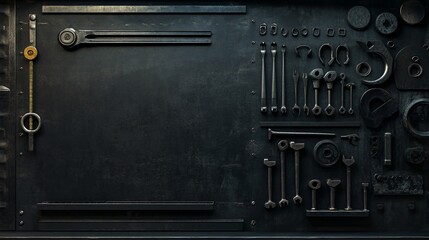 Industrial metal tools and parts on black background with copy space.