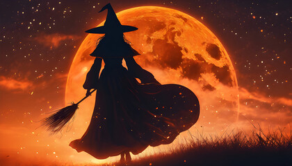 A majestic black-robed witch sits on a broomstick high above an orange Halloween sky. Behind her is a full moon that casts a bright silver glow across the sky.