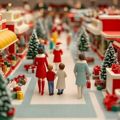 Family strolling through a festive holiday market