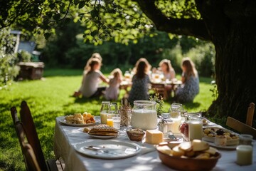 Outdoor Family Breakfast Gathering Under the Tree with Delicious Food and Drinks