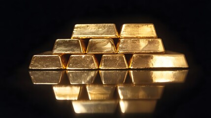 A stack of shiny gold bars with reflections on a black surface