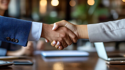 Two people shaking hands in a business setting