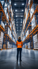 Warehouse manager standing in a large distribution center with shelves full of goods