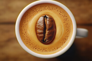 Close-up view of coffee cup with single bean on foam