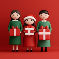 Wall Mural - Festive family with holiday gifts on a red background