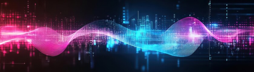 Wall Mural - abstract neon light waves, glowing lines, futuristic cityscape, dark background, dynamic energy flow