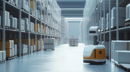 Fototapete - AI-driven logistics center, robots organizing shipments in a high-tech warehouse, seamless automation in a minimalist environment