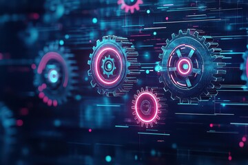 Poster - Mechanical gears, glowing with neon lights, suspended in a holographic void, scifi aesthetic