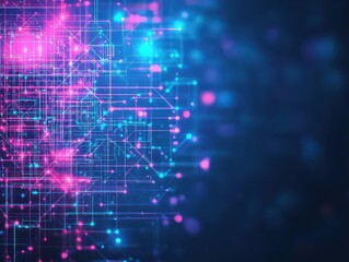 Fototapete - Neon light grid, floating digital particles, dark background, futuristic tech patterns