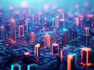 Poster - Rooftop view of a bustling city, neon lights glowing, 3D illustration