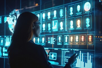 Wall Mural - a marketer analyzing customer personas displayed on a holographic screen, with detailed demographic 